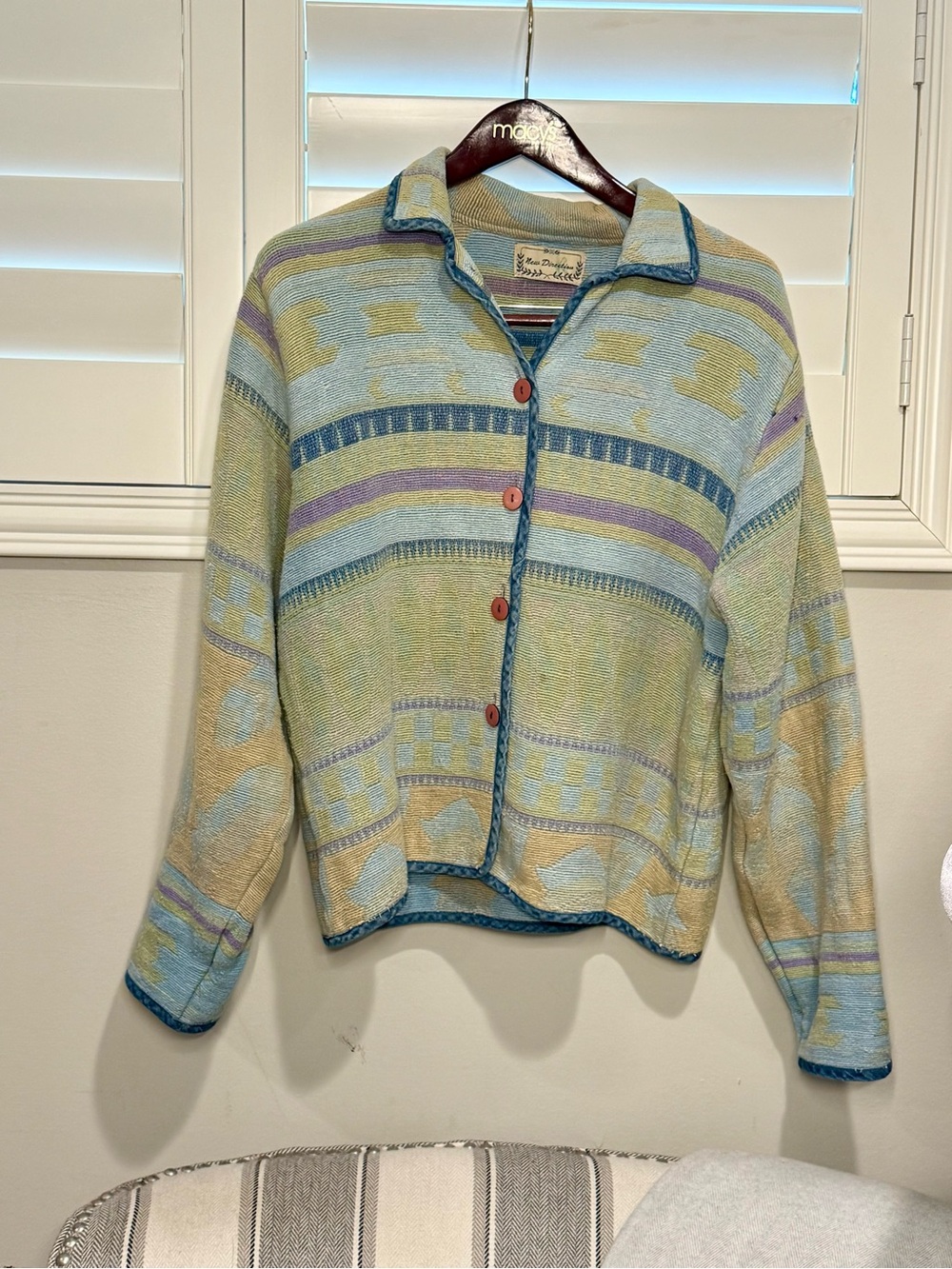 new directions Vintage Pastel Patterned Button Cardigan with Blue Trim